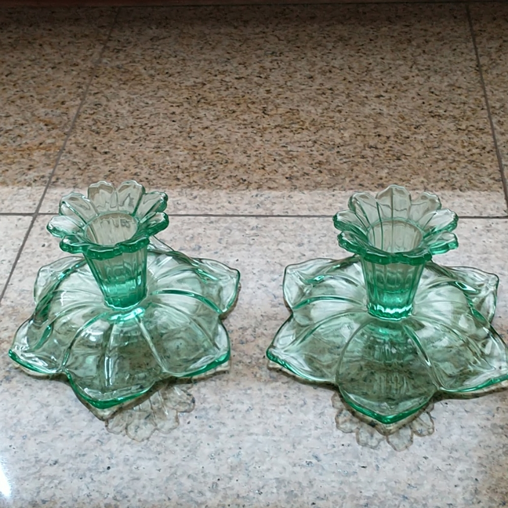 Vintage Green Glass Candle Holders